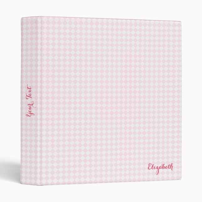 Modern Elegant Girly Pink Checkered Monogrammed 3 Ring Binder (Front/Spine)