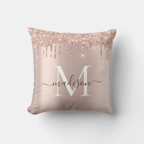 Modern Elegant Girly Rose Gold Glitter Monogram Throw Pillow