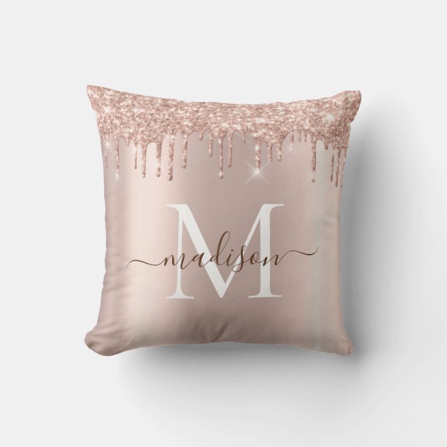 Modern Elegant Girly Rose Gold Glitter Monogram Throw Pillow (Front)