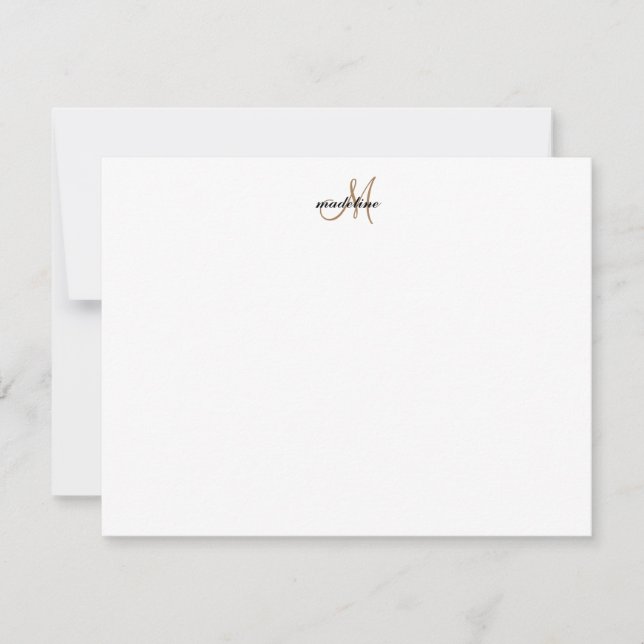 Modern Elegant Girly Script Black Gold Monogram Note Card (Front)