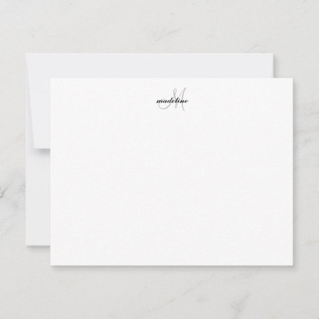 Modern Elegant Girly Script Black Gray Monogram Note Card (Front)