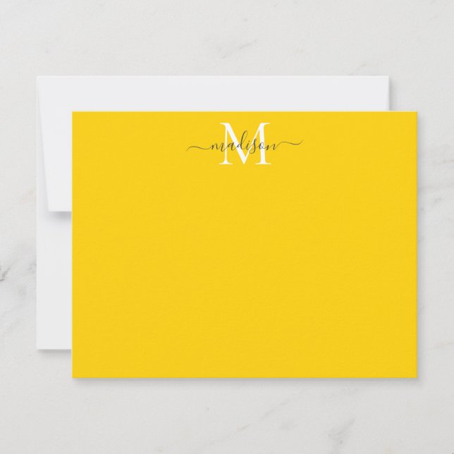 Modern Elegant Girly Script Monogram Bright Yellow Note Card (Front)
