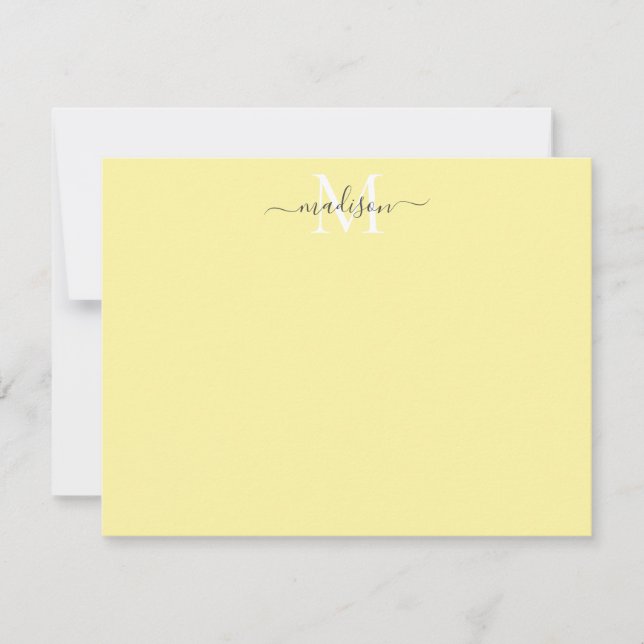 Modern Elegant Girly Script Monogram Lemon Yellow Note Card (Front)