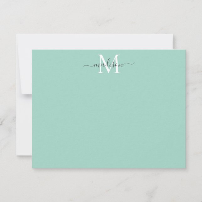 Modern Elegant Girly Script Monogram Mint Green Note Card (Front)