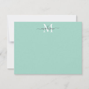Modern Elegant Girly Script Monogram Mint Green Note Card