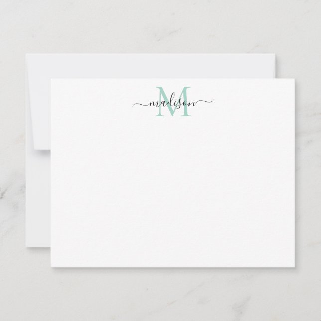 Modern Elegant Girly Script Monogram Teal Pastel Note Card (Front)
