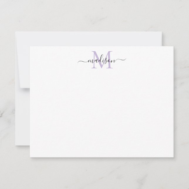 Modern Elegant Girly Script Purple Violet Monogram Note Card (Front)