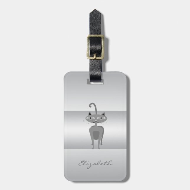 Modern Elegant Girly, Silver Whimsical  Cat Luggage Tag (Front Vertical)