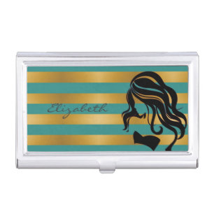 Modern Elegant  Girly ,Striped ,Girl Silhouette Business Card Holder