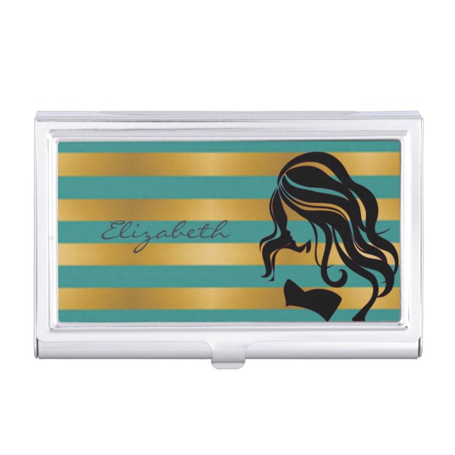 Modern Elegant  Girly ,Striped ,Girl Silhouette Business Card Holder (Front)