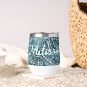 Modern  Elegant Girly Turquoise  Swirl Custom Name Thermal Wine Tumbler