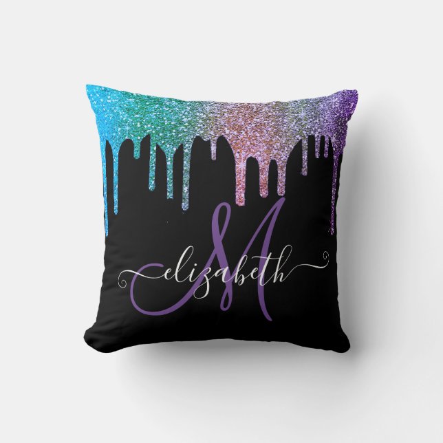 Modern Elegant Glitter Drips Black Monogram Throw Pillow (Front)