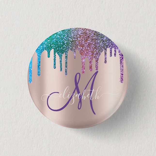 Modern Elegant Glitter Drips Rose Gold  Monogram   Button (Front)