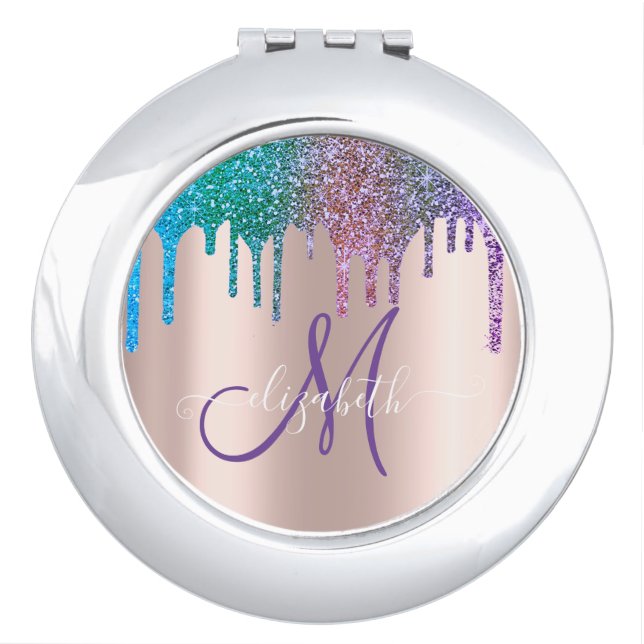 Modern Elegant Glitter Drips Rose Gold  Monogram   Compact Mirror (Front)