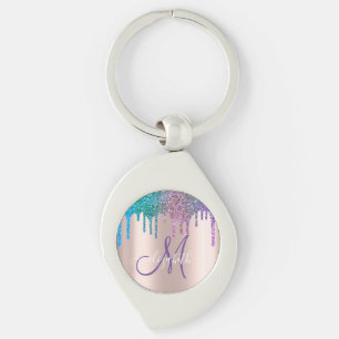 Modern Elegant Glitter Drips Rose Gold Monogram Keychain