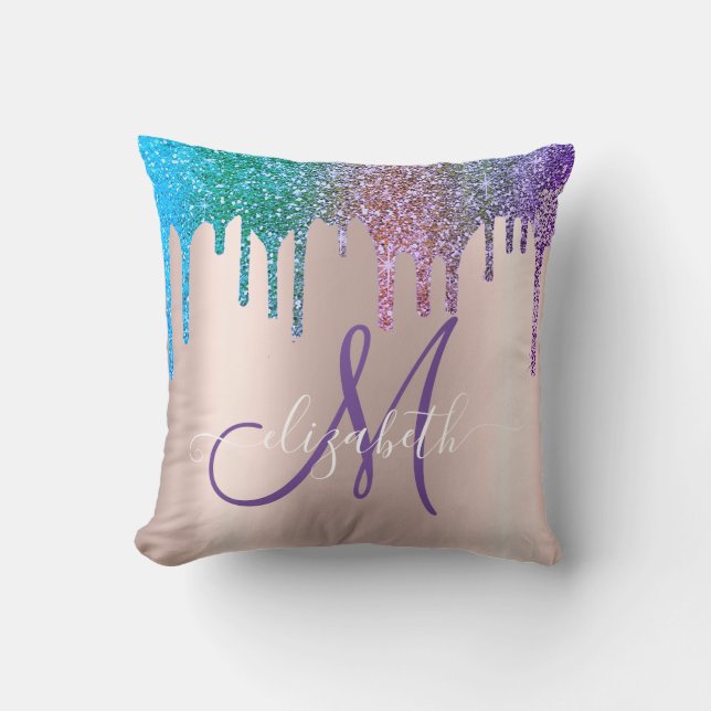 Modern Elegant Glitter Drips Rose Gold  Monogram Throw Pillow (Front)