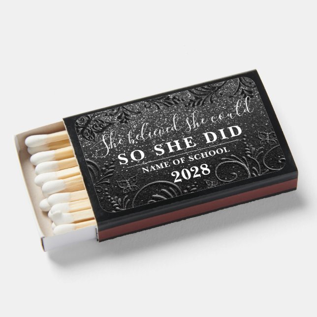 Modern Elegant Glitter Flower Butterfly Graduation Matchboxes (Front Open)