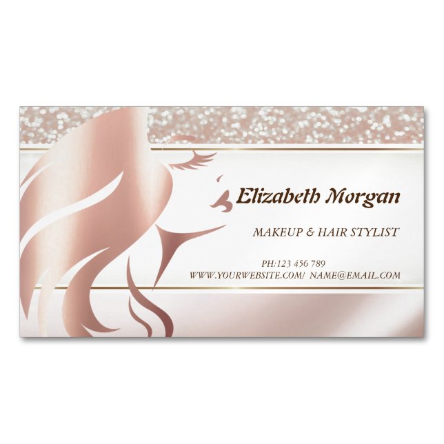 Modern Elegant Glitter, Girl Face Silhouette Business Card Magnet (Front)