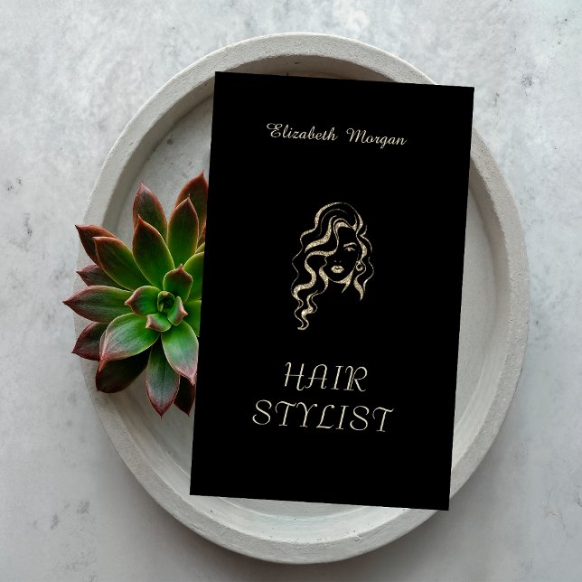 Modern Elegant Glitter Girl Hair Black Business Card (Creator Uploaded)