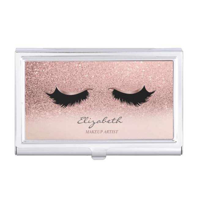 Modern Elegant Glittery Bokeh Ombre,Faux Lashes Business Card Case (Front)