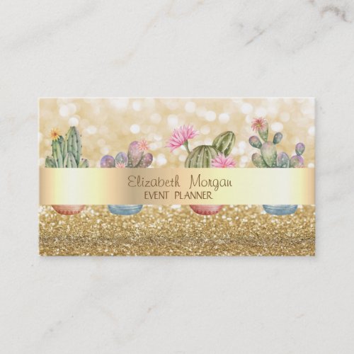 Modern Elegant Glittery Bokeh Succulents Business Card