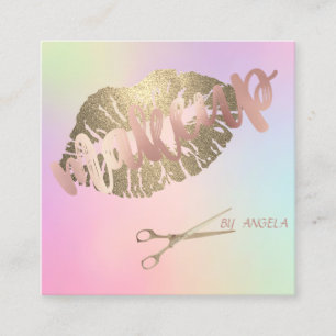 Modern Elegant Glittery Lips,Scissors Holographic Square Business Card