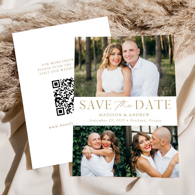 Modern Elegant Gold 3 Photo QR Code Save The Date (Creator Uploaded)