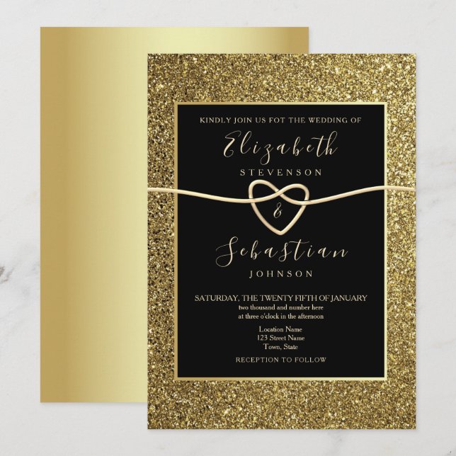 Modern Elegant Gold and Black Wedding Invitation (Front/Back)