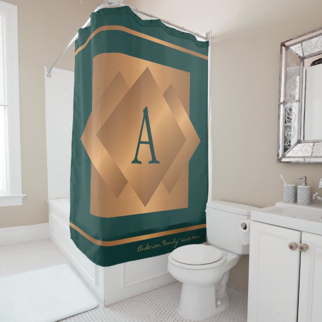 Modern elegant gold and green monogram trendy shower curtain (In Situ)