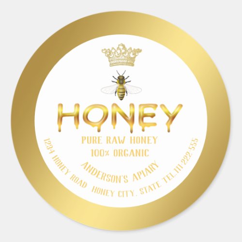 Modern elegant gold bee crown honey comb honey jar classic round sticker