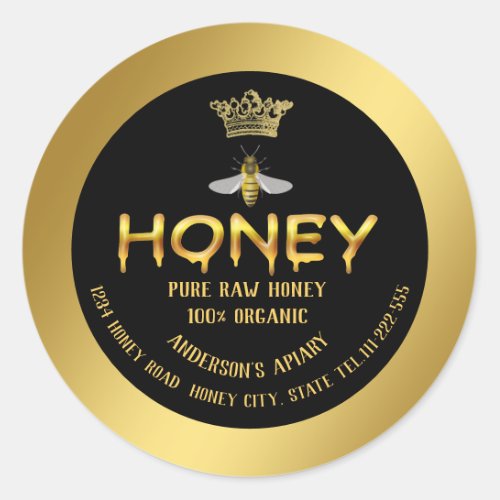 Modern elegant gold bee crown honey comb honey jar classic round sticker