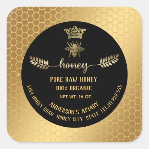 Modern elegant gold bee crown honey comb honey jar square sticker