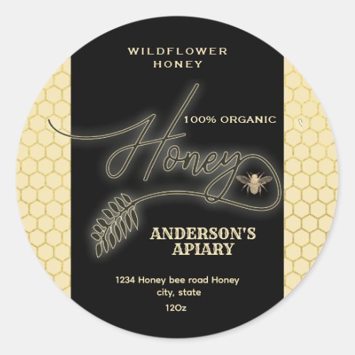 Modern elegant  gold bee  script honey  branch classic round sticker