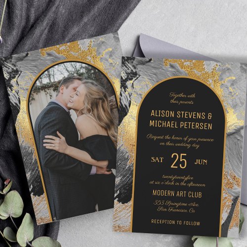 Modern elegant gold black abstract PHOTO wedding Invitation