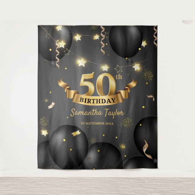 Modern elegant Gold black birthday backdrop (Front)