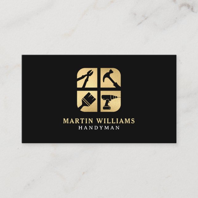 Modern Elegant Gold & Black Handyman Business Card (Front)
