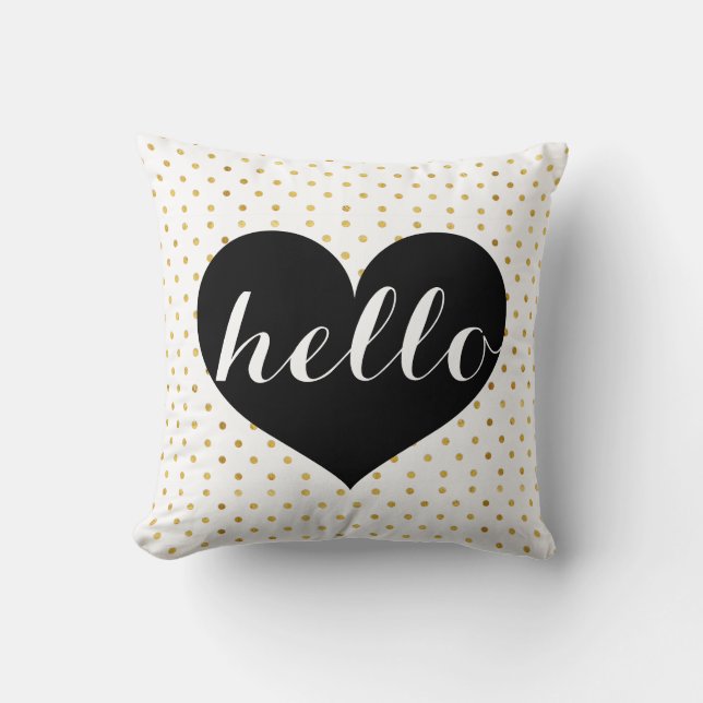 Modern Elegant Gold & Black Hello Heart Custom Throw Pillow (Front)