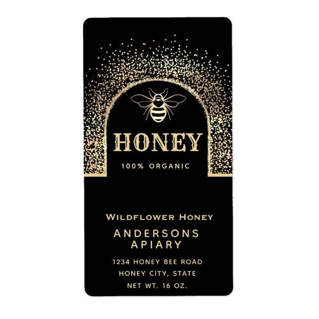 Modern elegant gold black honey jar label (Front)