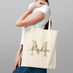 Modern Elegant Gold Black Monogram Name Tote Bag
