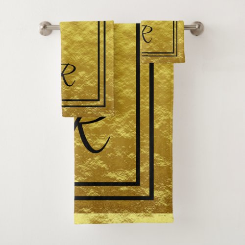 Modern Elegant Gold Black Monogram Script Bath Towel Set