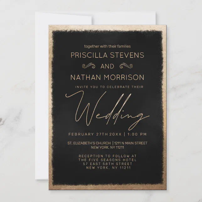 Modern Elegant Gold Black Painted Border Wedding Invitation | Zazzle