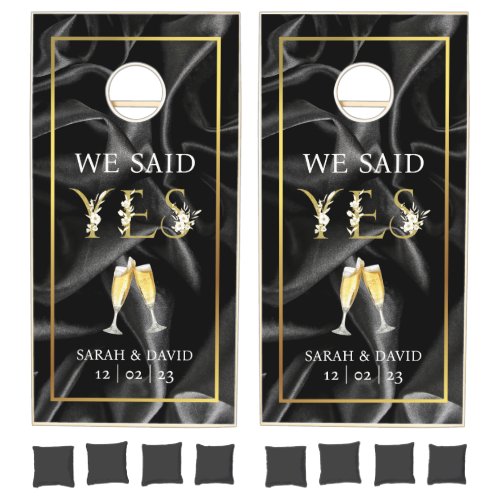 Modern Elegant Gold  Black Satin Wedding Monogram Cornhole Set