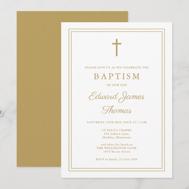Modern Elegant Gold Border Baptism Invitation (Front/Back)