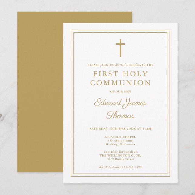 Modern Elegant Gold Border First Holy Communion Invitation (Front/Back)