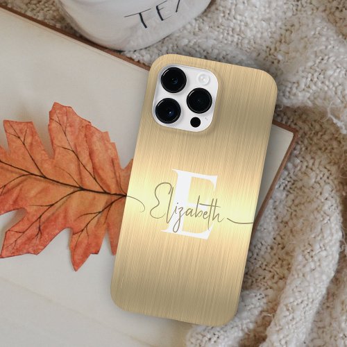 Modern Elegant Gold Brushed Metallic Monogrammed Case_Mate iPhone 14 Pro Max Case