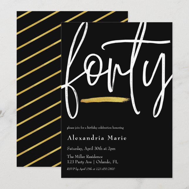 Modern Elegant Gold Brushstroke 40th Birthday  Invitation (Front/Back)