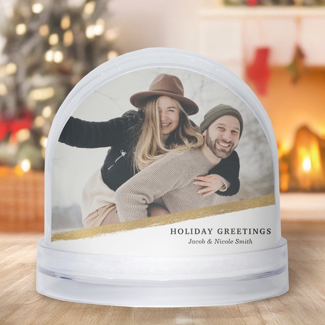 Modern Elegant Gold Brushstroke Photo Snow Globe (Creator Uploaded)