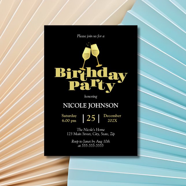 Modern Elegant Gold Champagne Black Birthday Party Invitation (Creator Uploaded)