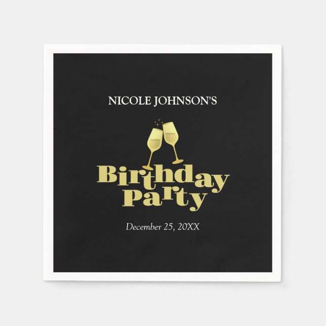 Modern Elegant Gold Champagne Black Birthday Party Napkins (Front)