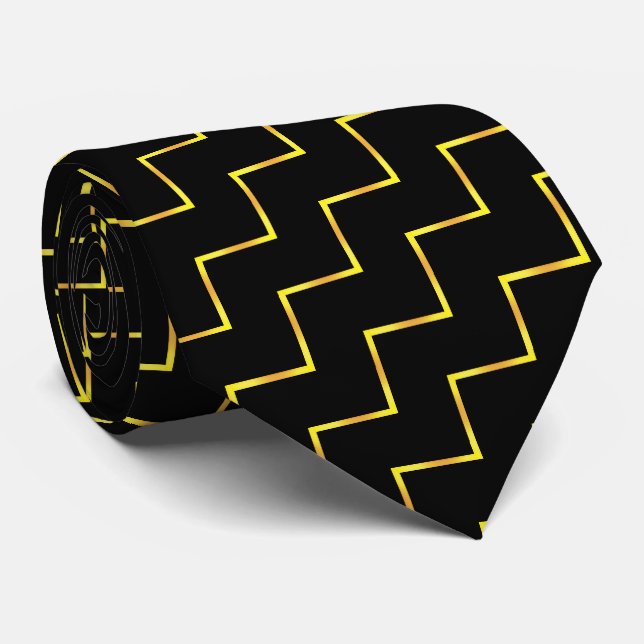 Modern Elegant Gold Chevron Pattern on Black Neck Tie (Rolled)